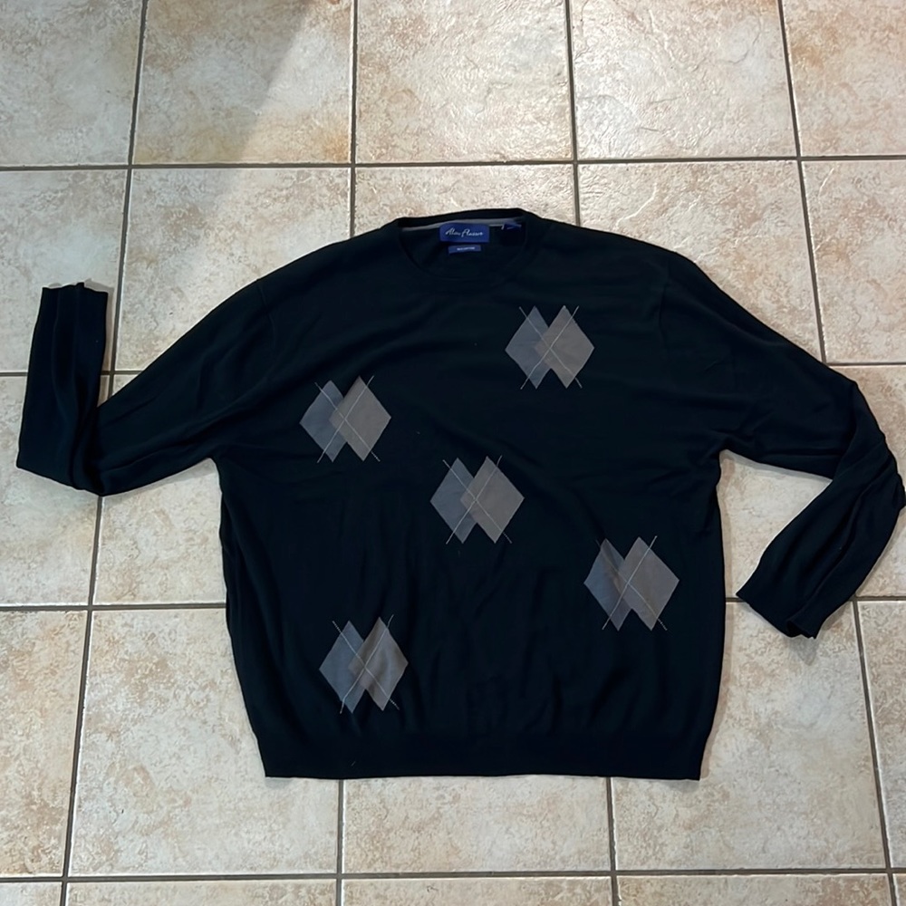 Alan Flusser Silk Cotton Blend Navy Blue Golf Sweater‎ Argyle Design, Sz XXL